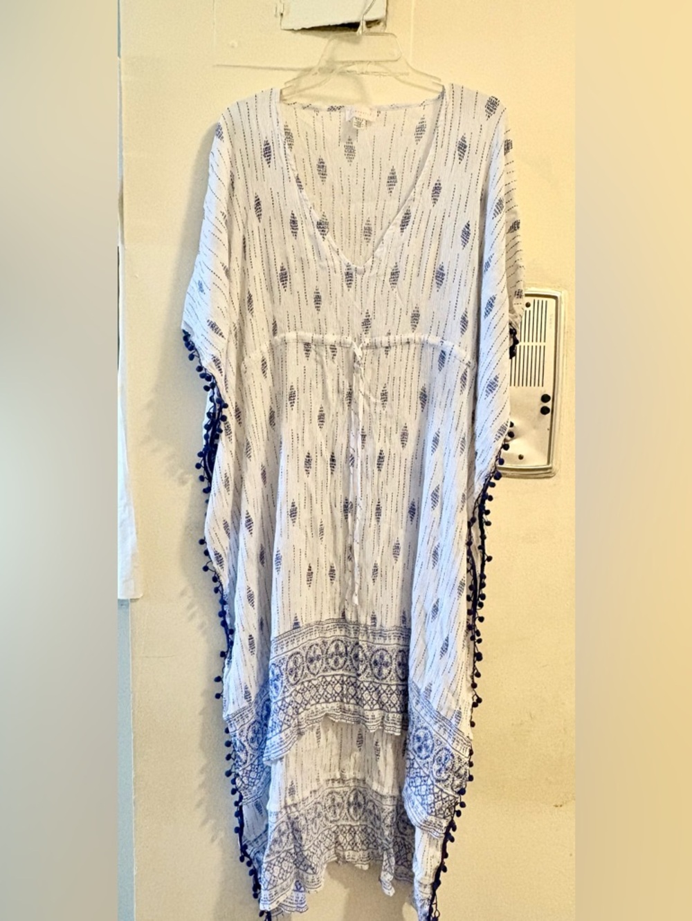 Marabelle Blue & White Boho Kaftan Cover Up Tassel Trim S